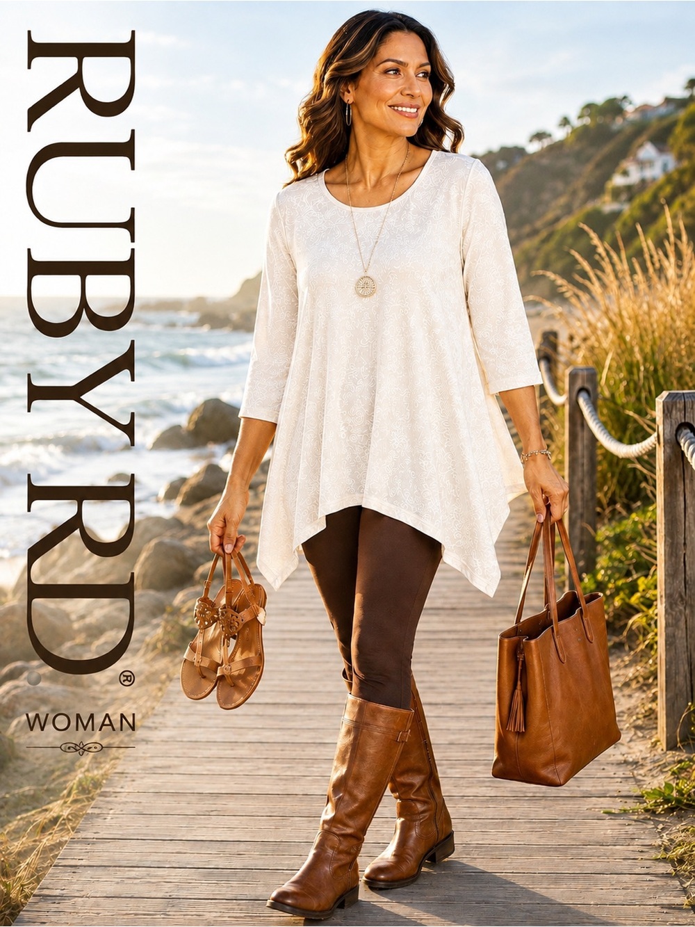 NWT Ruby Rd Woman Embossed Floral Swing Tunic Top Alabaster 3/4 Sleeve Size 1X